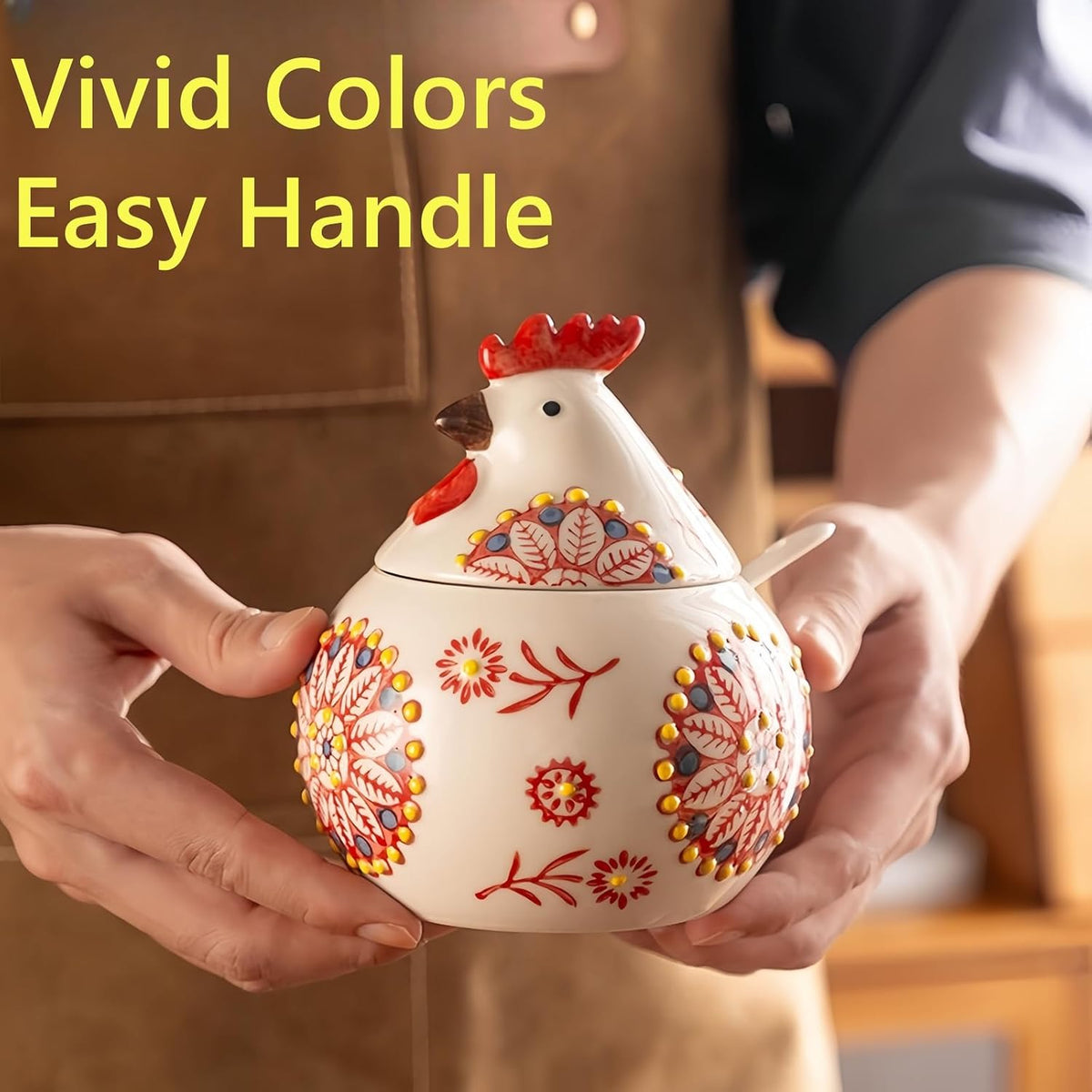 Ceramic Chicken Salt Cellar with Lid and Spoon, 13 OZ Chicken Decor, Blue