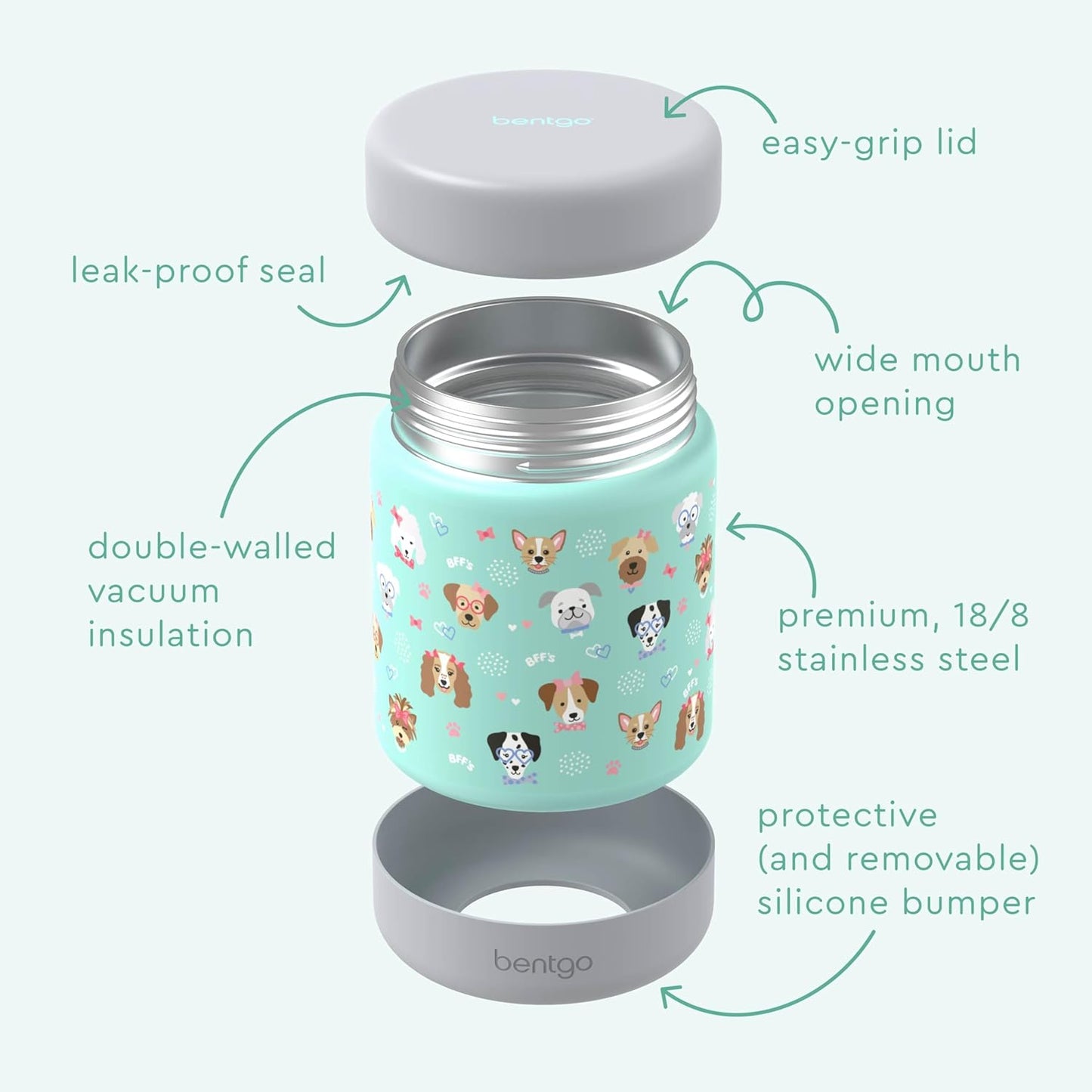 Bentgo Kids Stainless Steel Food Jar - 11oz Leak-Proof Double Insulated Hot or Cold Food Container with Removable Silicone Bumper, Dishwasher Safe, Easy Open Lid, Ages 3+ (Trucks)