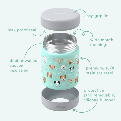 Bentgo Kids Stainless Steel Food Jar - 11oz Leak-Proof Double Insulated Hot or Cold Food Container with Removable Silicone Bumper, Dishwasher Safe, Easy Open Lid, Ages 3+ (Trucks)