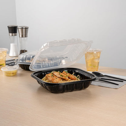 Thermo Tek 40 Ounce Clamshell Containers, 50 Disposable Take Out Boxes - 3 Compartments, Ventilated Lids, Black Plastic Meal Prep Containers, Microwavable, For Pasta Or Salads - Restaurantware
