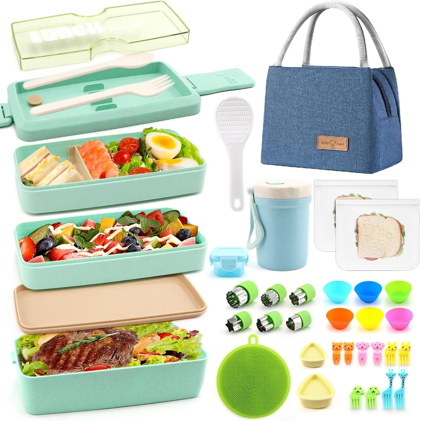 Bento Box Japanese Lunch Box Kit Leakproof Bento Lunch Box for Kids Adults Wheat Straw 3 Layer Stackable Lunch Containers with Compartment Eco-Friendly Meal Prep Containers (Beige)