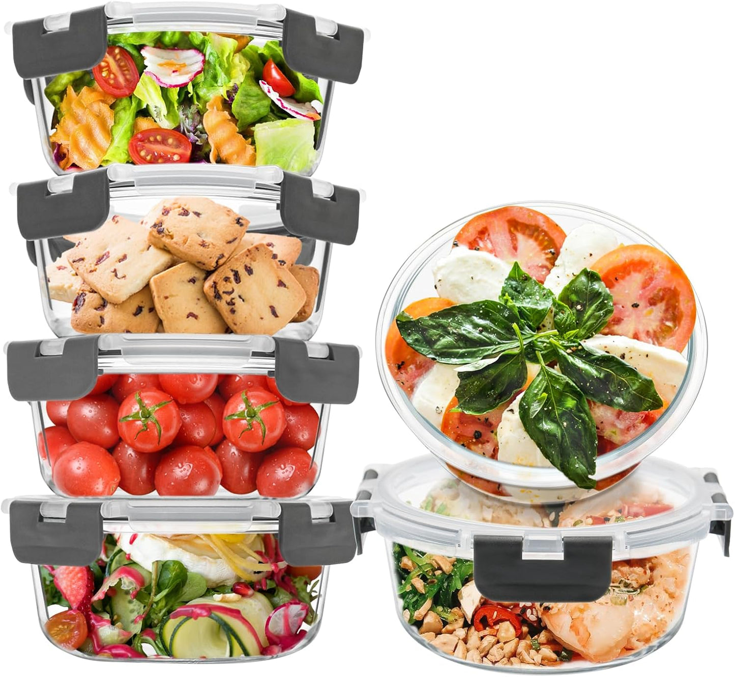 6Pack 22oz Glass Meal Prep Containers, Glass Food Storage Containers Sets with Snap Leak Proof Lids for Microwave, Oven, Freezer and Dishwasher Safe (Grey, 22oz)