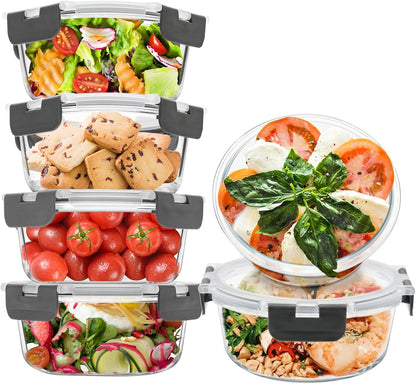 6Pack 22oz Glass Meal Prep Containers, Glass Food Storage Containers Sets with Snap Leak Proof Lids for Microwave, Oven, Freezer and Dishwasher Safe (Grey, 22oz)