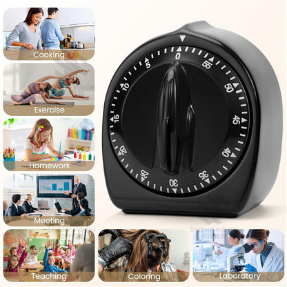 Kitchen Timers for Cooking, 60 Minute Wind Up - Chef Cooking Timer with Loud Alarm,100% Mechanical Desk Timer -No Batteries Required - Manual Countdown timers for Home, Study and Cooking (Black)
