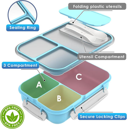 WHALEHOUSE Bento Lunch Box, 1300ML 4 Compartments Meal Prep Container with Utensil, Airtight Food Storage Container with Snap Locking Lids, Microwave/Dishwasher/Freezer Safe, On the Go