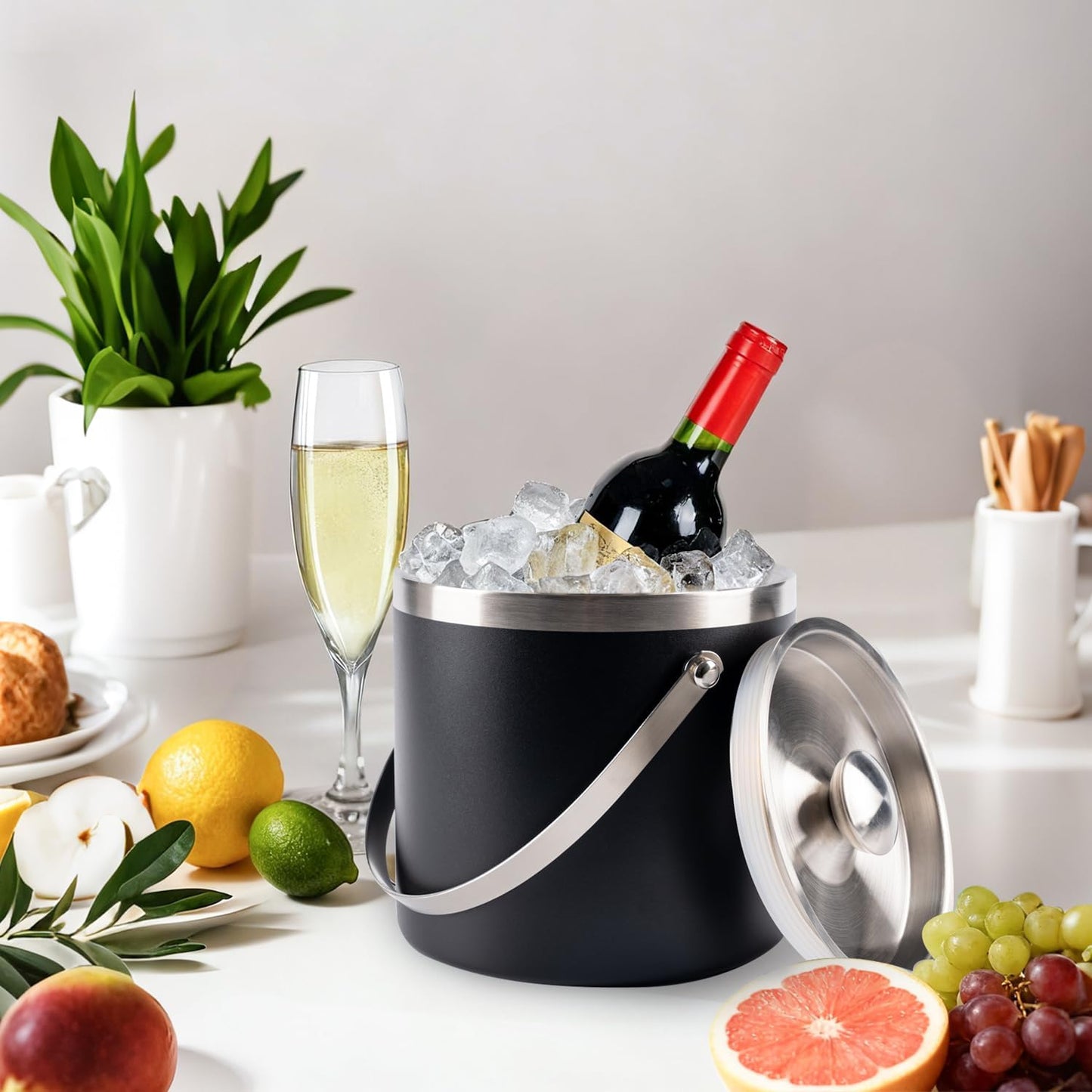 3L beige white Double Wall Insulated Stainless Steel Ice Bucket with scoop for Cocktail Bar,Metal Ice Bucket for freezer with Lid for parties.ice Container to Keep Ice Colder,bar cart accessories