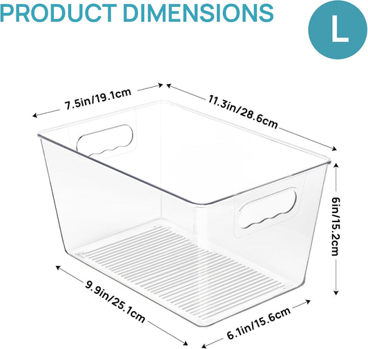 Vtopmart Clear Plastic Storage Bins, 6 PCS Pantry Organizer Bins with Handle for Refrigerator, Fridge, Cabinet, Kitchen, Countertops, Cupboard, Freezer Organization and Storage, Large