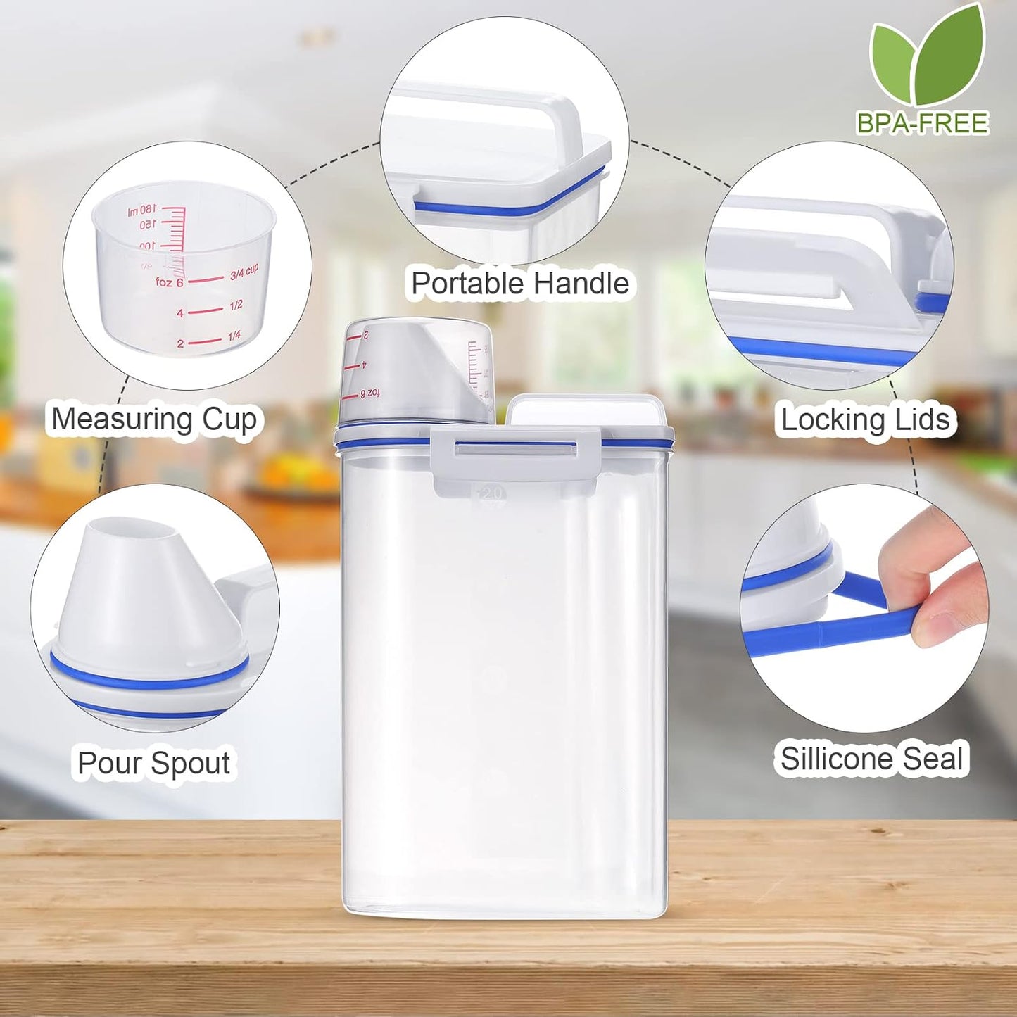 Cereal Containers Set 4 Pcs Airtight Food Storage Container with Measuring Cup Dispenser Plastic Storage Containers with Lids for Rice Oatmeal Flour Grain & Pet Cat Dog Food Container, 2.5 L
