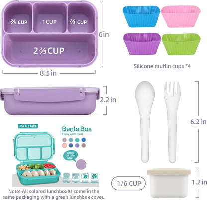 QQKO Bento Lunch Box for Kids Girls Boys, Toddler Kids Lunch Boxes for School, Lunch Containers for Adults with 4 Compartments, Sauce Container, Utensils, Food Picks and Muffin Cups, Purple