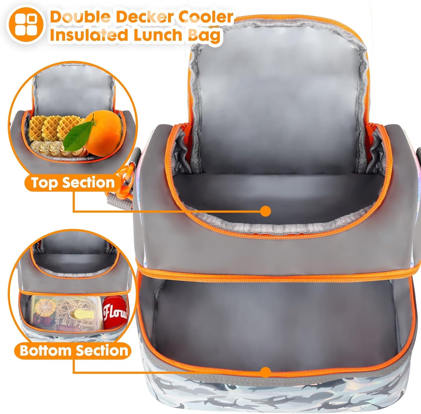 Kids Double Decker Cooler Insulated Lunch Bag, Back to School Large Meal Tote for Boys, Girls, Men, Women, with Adjustable Strap, Soccer