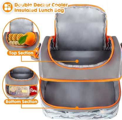 Kids Double Decker Cooler Insulated Lunch Bag, Back to School Large Meal Tote for Boys, Girls, Men, Women, with Adjustable Strap, Soccer