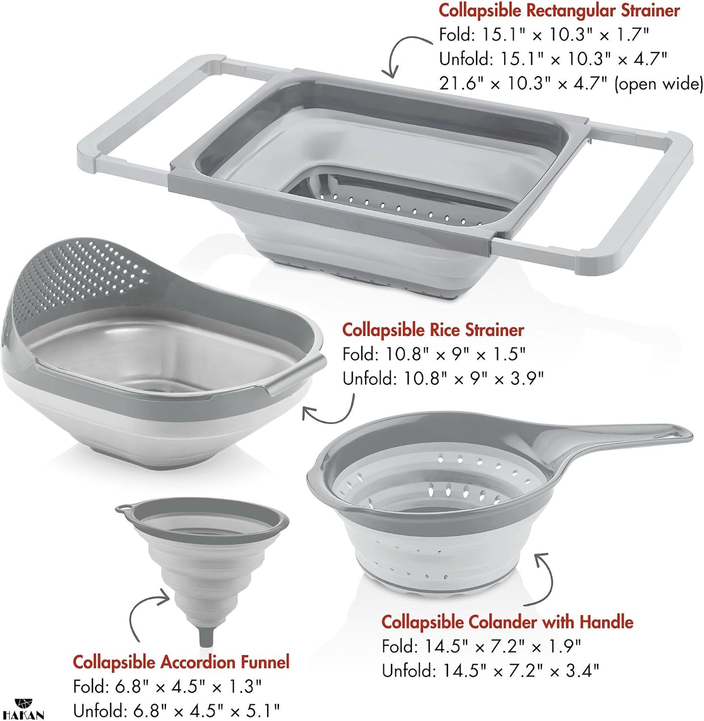 Collapsible Colanders for Kitchen | Strainer with Handle, Over Sink Collander, Rice Strainer | 4 Pcs