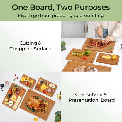 Keechee Wood Cutting Board for Kitchen - Reversible Bamboo Cutting Boards Gift Set of 3 with Juice Groove, Wooden Chopping Board for Meat, Fruit, Vegetables & Cheese (Pre Oiled, Natural)