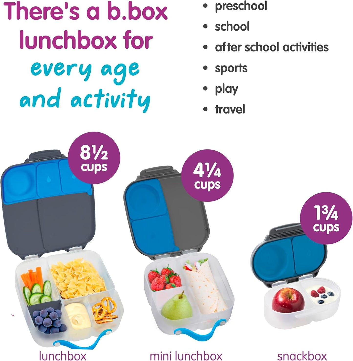 b.box Mini Lunch Box 2-Pack, Leak Proof Bento Box for Kids, 3 Compartment Snack Containers Ages 3+, Lunchbox for Daycare + School, Dishwasher Safe, BPA-Free, PFAS-Free, 4.25 Cup - Blue + Green