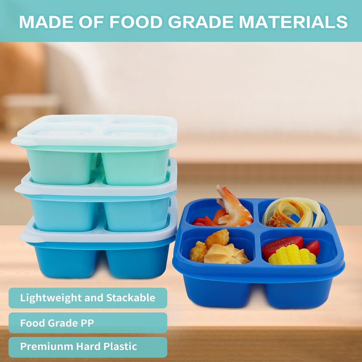 Finorder 6 Pack 4-Compartment Snack Containers, Reusable Food Containers for Kids School, Adults Office, Picnic Trip, Lunch Bento Box Meal Prep Containers (Bright Color Set)