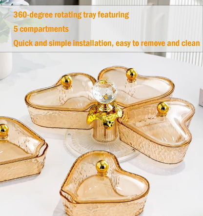Divided Rotating Serving Tray with Lid and Handle, Portable 5 Compartments Snackle Box for Fruits, Candy, Snacks, Veggie, Nuts, Snack Spinner Organizer, Gold,11.2" L