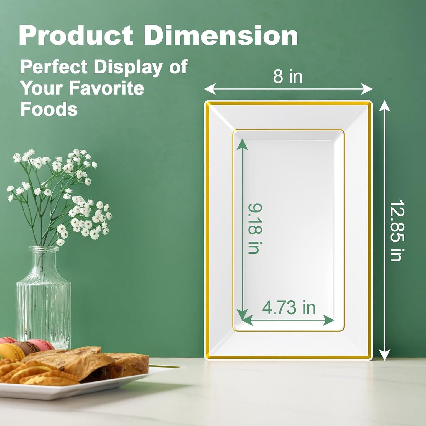 FOCUSLINE 8 PCS Plastic Serving Trays, White and Gold Rim Plastic Serving Platters, Disposable Tray for Food, Perfect for Wedding Parties