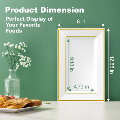 FOCUSLINE 8 PCS Plastic Serving Trays, White and Gold Rim Plastic Serving Platters, Disposable Tray for Food, Perfect for Wedding Parties