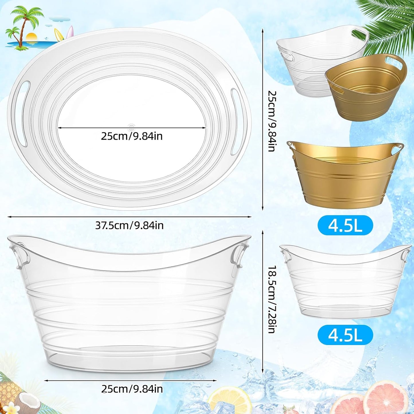 Patelai 6 Pcs Ice Buckets Bulk, Plastic Ice Buckets with Handles, Oval Storage Tub, Large Capacity Drink Tub for Party Bar Wine Beer Champagne Beverage Bottle Cooler(4.5 Liter,Clear)