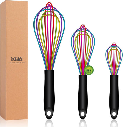 OYV Dishwasher Safe Silicone Whisk, Sealed Waterproof Design Set of 3, Professional Kitchen Whisks for Cooking Non-Scratch, Silicone & Stainless Steel Whisk, Heat Resistant Balloon Egg Beater, Black