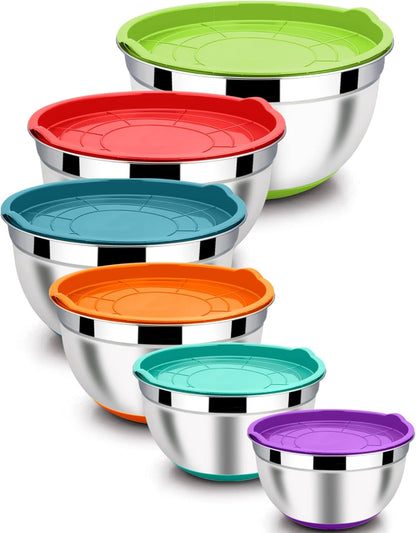 LIANYU Stainless Steel Mixing Bowls Sets of 6, Large 7, 3.5, 2.5, 2, 1.5, 1QT Size with Transparent Airtight Lids, Metal Nesting Serving Bowl Sets for Home Kitchen, Dishwasher & Freezer Safe, Black
