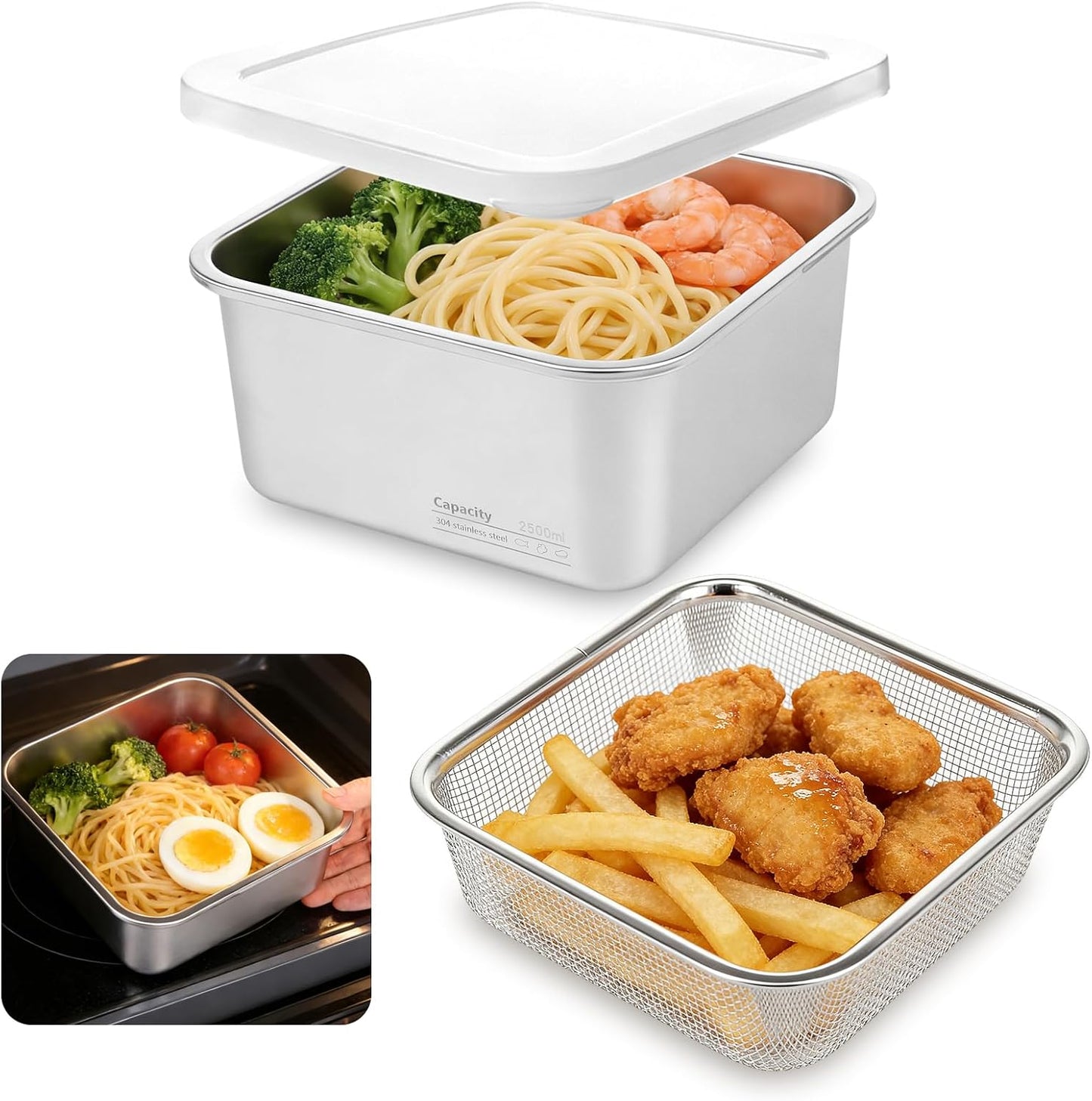 Stainless Steel Colander Set, Square Strainer with Lid for Draining Vegetable Washing Rice, 2 in 1 Strainer Bowl & Food Storage Container Food Preparation Box Bowl (1500ml)