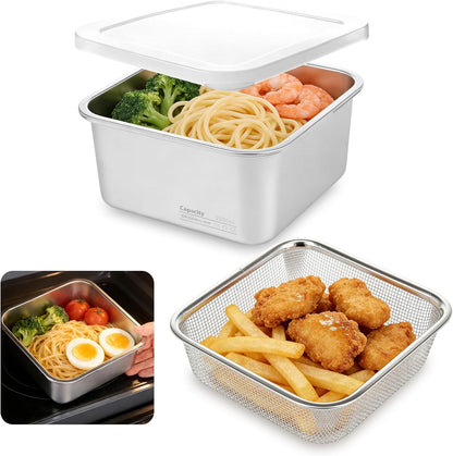Stainless Steel Colander Set, Square Strainer with Lid for Draining Vegetable Washing Rice, 2 in 1 Strainer Bowl & Food Storage Container Food Preparation Box Bowl (1500ml)