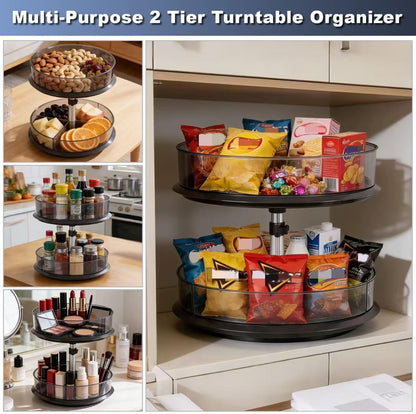2 Tier Snack Carousel, Rotary Turntable Organizer for Snack Bar Organizer and Snack Display, Countertop & Under Sink Organizer for Snack Storage, Tray has Removable Dividers, Easy Assembly