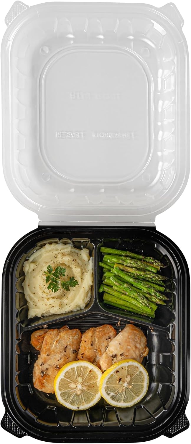 Thermo Tek 40 Ounce Clamshell Containers, 50 Disposable Take Out Boxes - 3 Compartments, Ventilated Lids, Black Plastic Meal Prep Containers, Microwavable, For Pasta Or Salads - Restaurantware