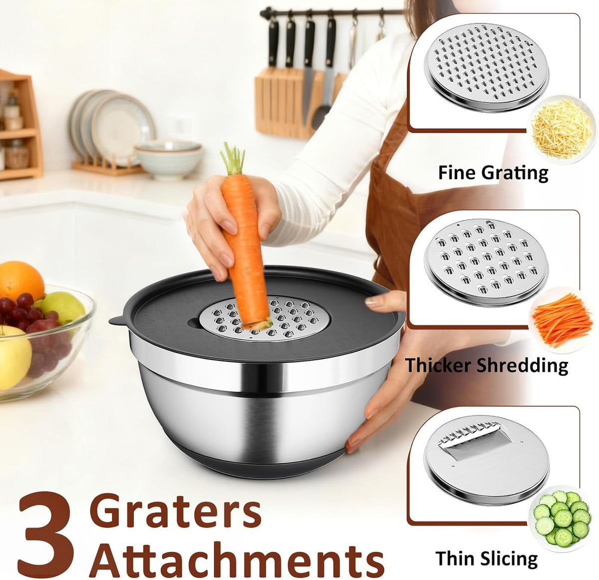9 Pack Mixing Bowls with Airtight Lids & Grater Attachments, Khaki