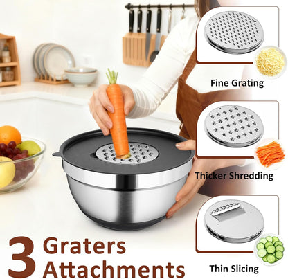 9 Pack Mixing Bowls with Airtight Lids & Grater Attachments, Khaki