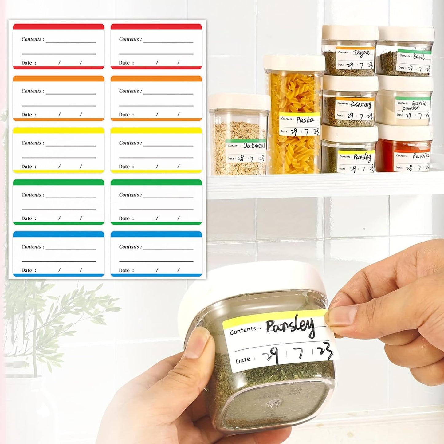 100Pcs Food Storage Labels, Removable Labels, Writable Kitchen Stickers Easy Clean, Color-Coded Blank Date Label for Containers, Meal Prep, Jar