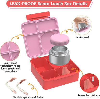 Bento Lunch Box Set for Kids with 8oz Soup Thermo, Leak-Proof Lunch Containers with 4 Compartment, Thermo Hot Insulated Food Jar and Foldable Fork Spoon, for Kids to School (pale pink)
