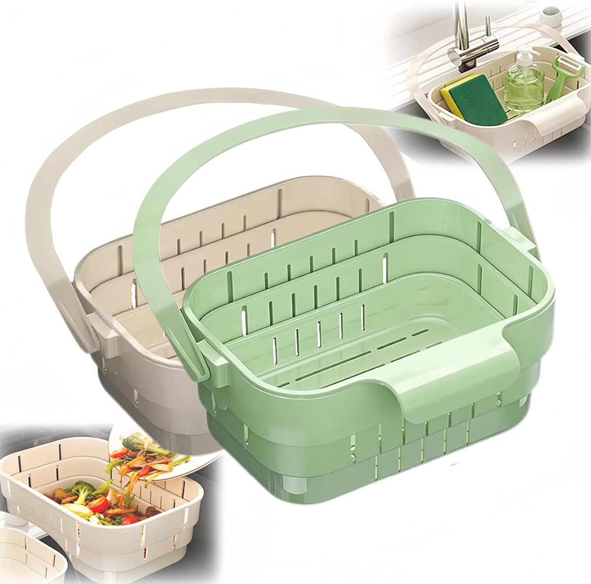 Foldable Kitchen Sink Strainer, Removable Residue Filter, No-Drill Hanging Drain Rack Food Catcher, Stretchable Kitchen Colander with Flip Cover