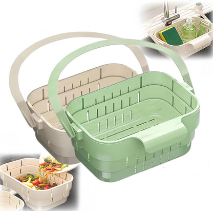 Foldable Kitchen Sink Strainer, Removable Residue Filter, No-Drill Hanging Drain Rack Food Catcher, Stretchable Kitchen Colander with Flip Cover