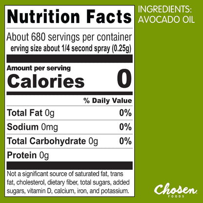 Chosen Foods 100% Pure Avocado Oil Spray, Keto Diet Friendly, Kosher Cooking Spray for Baking, High-Heat Cooking and Frying (6 oz, 2 Pack)