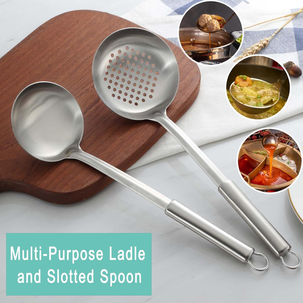 Pleafind 𝟑𝟑% 𝐎𝐅𝐅 Cooking Utensils Set - 4 Pcs Stainless Steel Kitchen Utensils Set with Solid Turner, Slotted Turner, Serving Ladle, Slotted Spoon, Wok Utensils Set with Heat Resistant Handle