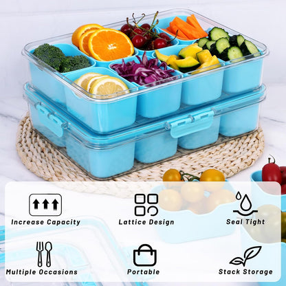 Snack Box Container with Insulated Cooler Bag, Divided Serving Tray with Lid and Handle Beach Essentials, Snackle Box Veggie Fruit Tray with 8 Compartments & 8 Forks & 2 Spoon