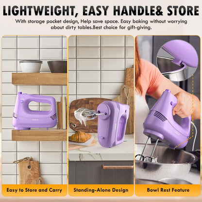 GUALIU Electric Hand Mixer, 304*(2* Beaters, 2* Dough Hooks), (1* Storage Bag) Handheld Mixer for Baking Cakes, Eggs, Cream Food Mixers, Turbo Boost /5 Speed Kitchen Blender PINK