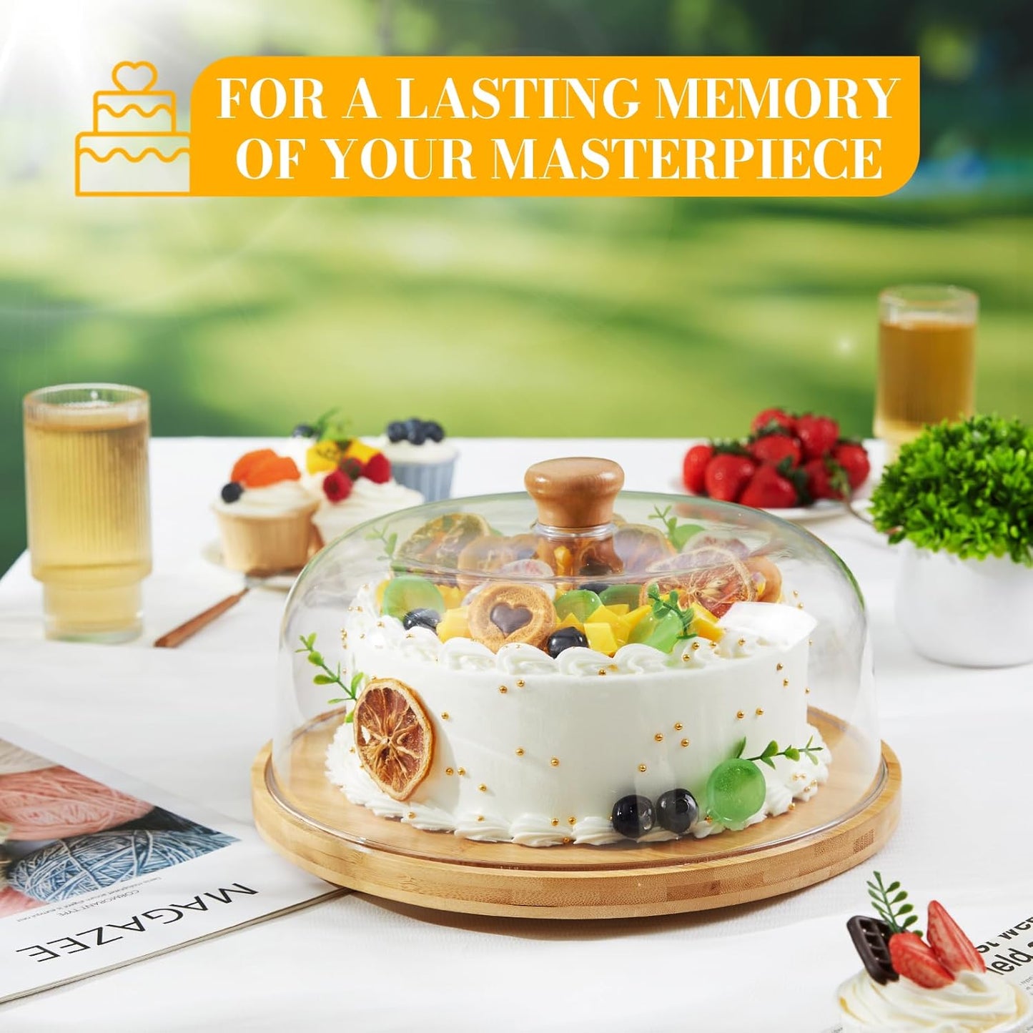 Rotating Cake Stand with Lid, 12'' Wood Food Plate with Cover, Serving Tray, Fruit Platter, Salad Bowl, Dessert Table Display & Acrylic Cake Dome Cover for Party