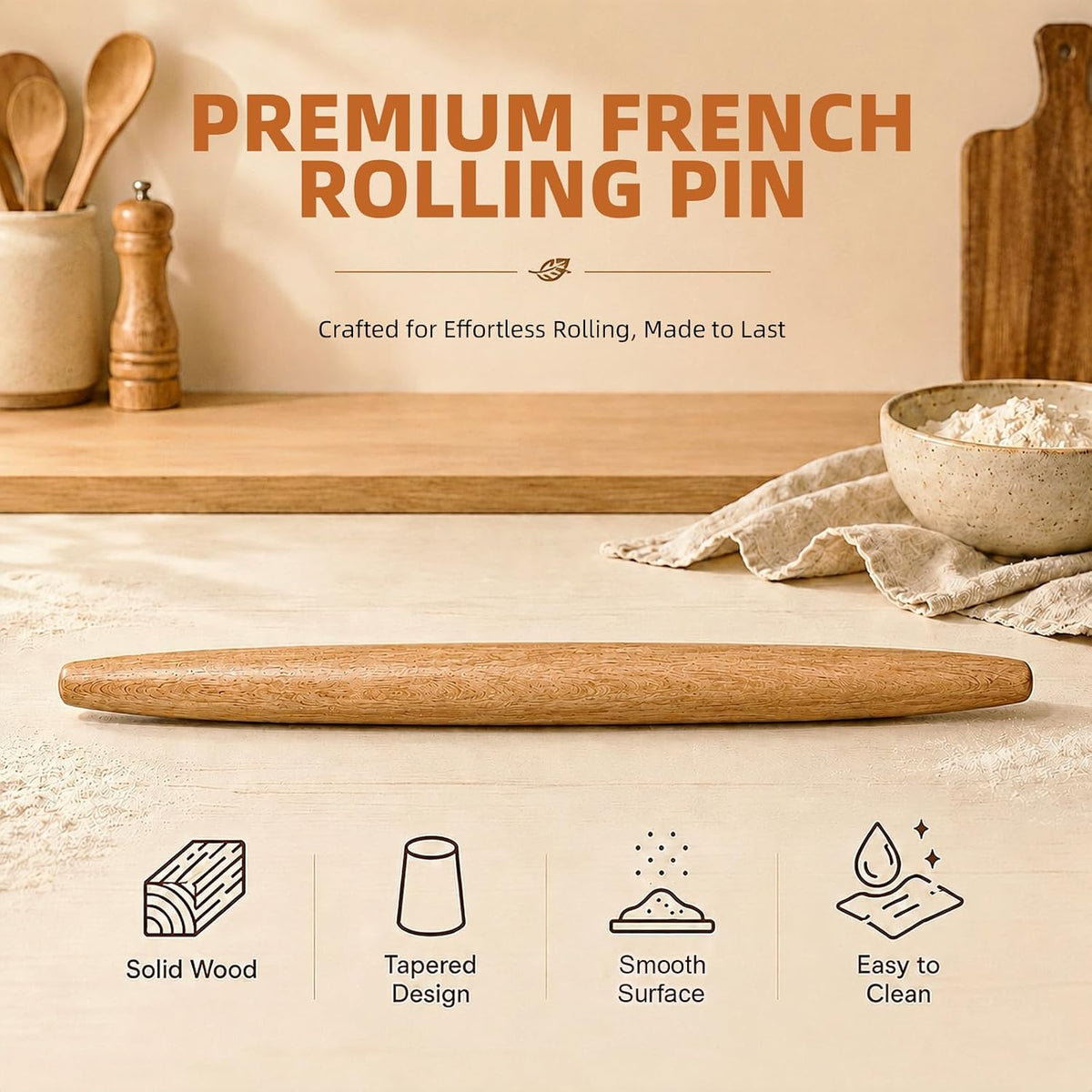 French Tapered Rolling Pin for Baking, 17 Inch Solid Wood