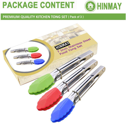 HINMAY Mini Stainless Steel Food Tongs with Silding Rings 7-Inch, Set of 6 | Small Clam Shell Service Tongs for Serving Appetizers, Desserts, Salads, Barbecue and Cooking (Silver)