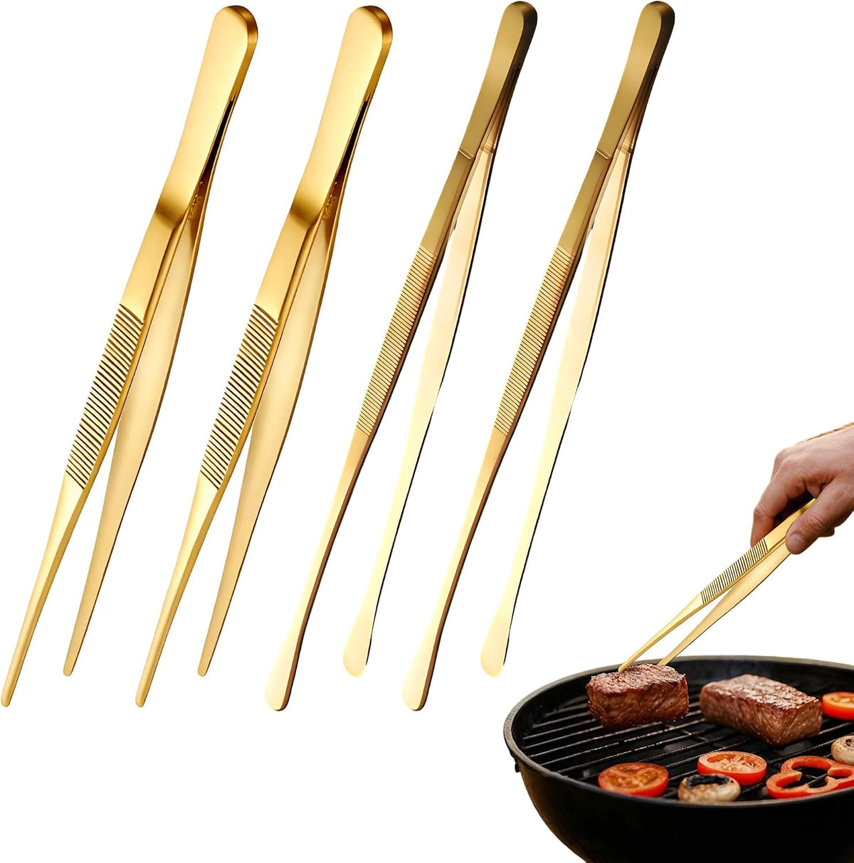 4Pcs Stainless Steel Cooking Tweezer Tongs 12 inch Long Tweezers with Precision Serrated Tips Plating Gold Kitchen Tweezers for Cooking, Chef, Repairing, Serving Food and BBQ