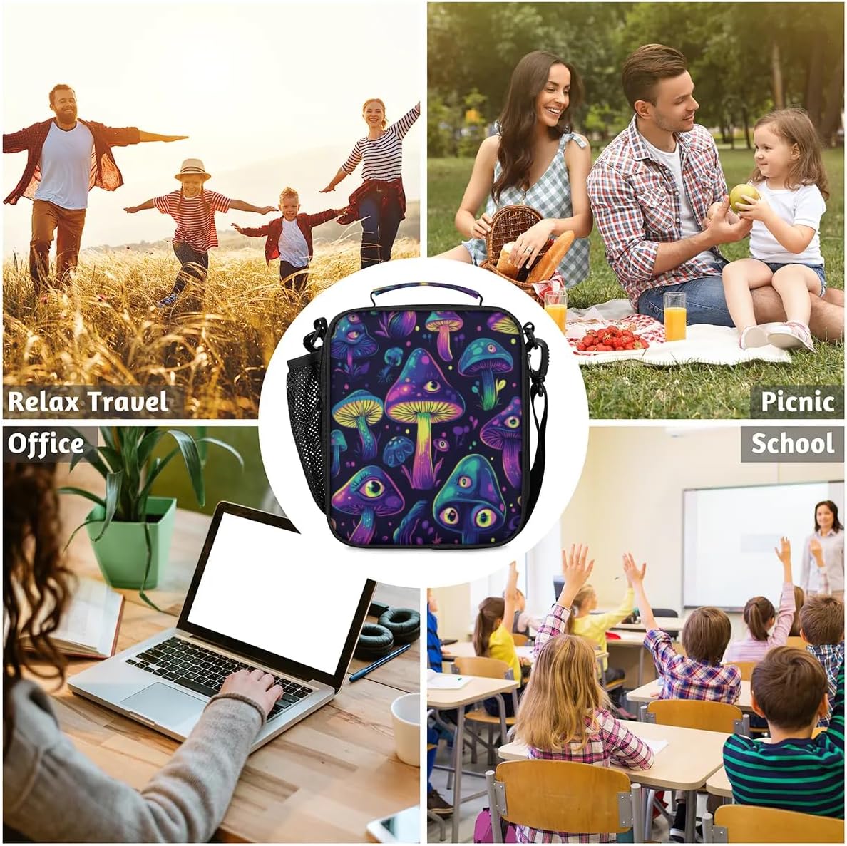 Insulated Lunch Box for Girls Kids Axolotl Lunch Bags Reusable Portable Lunchbox with Adjustable Shoulder Strap and Water Bottle Holder for Work School Travel