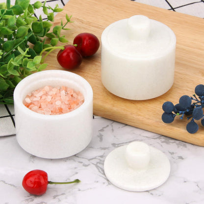 Marble Salt Cellar with Lid, White and Black Stone Salt and Pepper Bowl Box Container Jar Holder Well Keeper Dish Pig Crock
