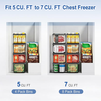 3Pack Freezer Organizer Bins, Stackable Chest Deep Freezer Storage Containers, Expandable Freezer Baskets with Handle fit 5cu.Ft 7cu.Ft Freezer, Fridge, Pantry (Black-3Pack)