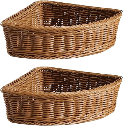 Corner Basket Storage, Triangle Baskets for Corner Shelf, Woven Imitation Rattan Stackable Organizer for Pantry, Kitchen, Bathroom and Closet, Coffee (2Pcs)