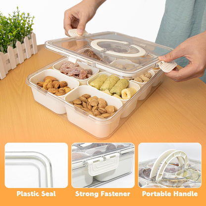 Divided Serving Tray with Lid and Handle,8 Compartments Snacks Box,Snack Fruit Tray,Veggie Tray,Portable Platter for Candy Fruits Nuts Snack Party Entertaining Picnic (2PCS Pink)