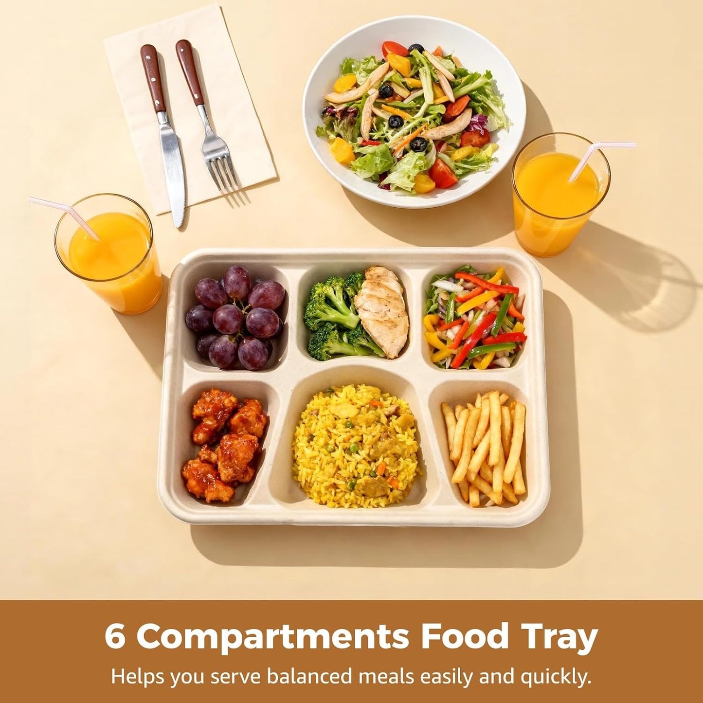 50 Pcs 6 Compartment Disposable Paper Plates Heavy Duty Divided Pulp Paper Meal Prep Containers Heavy-duty Lunch Plates Microwave & Freezer Safe