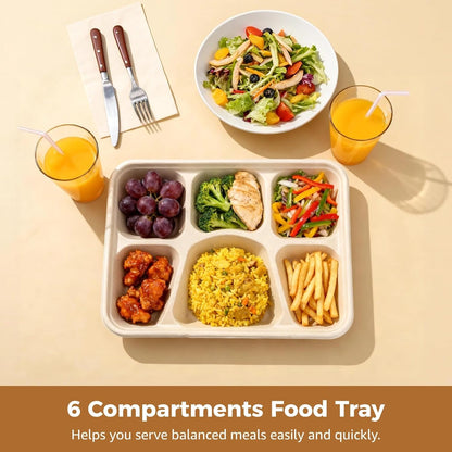 50 Pcs 6 Compartment Disposable Paper Plates Heavy Duty Divided Pulp Paper Meal Prep Containers Heavy-duty Lunch Plates Microwave & Freezer Safe